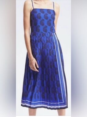 Banana Republic Blue Paisley Pleated Midi Dress